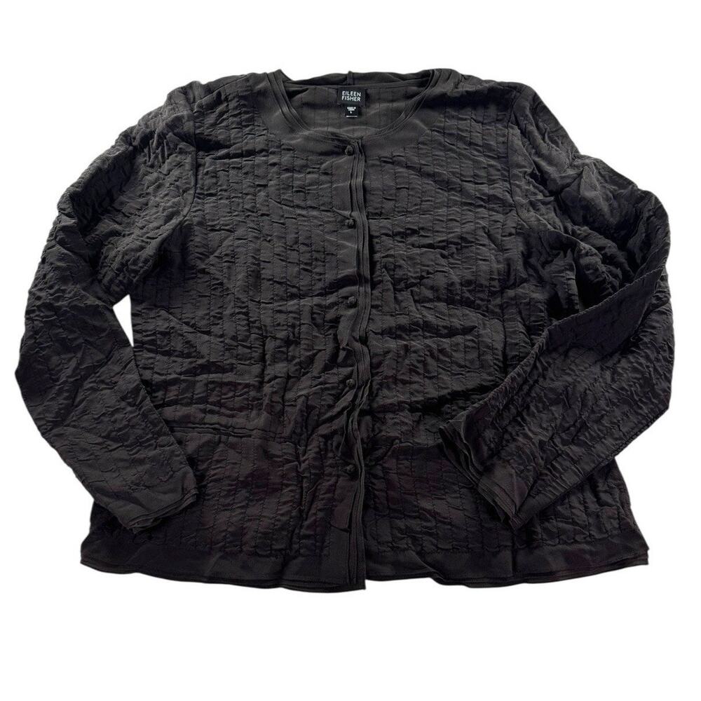 Eileen Fisher Crinkle Silk Blouse Womens L Button Up Black Textured Shirt